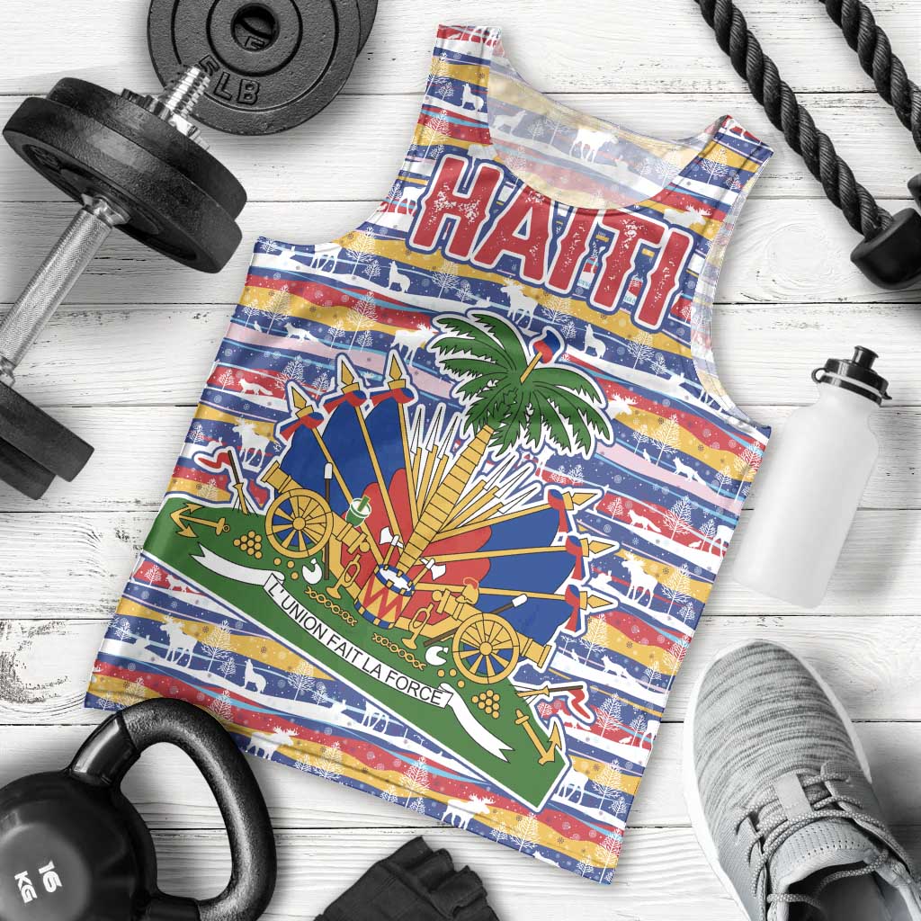 Haiti Christmas Men Tank Top with Blue Red Yellow Xmas Santa Sleigh and Coat of Arms - Wonder Print Shop