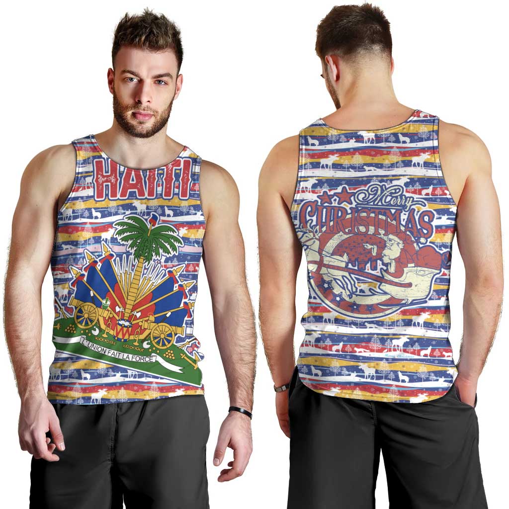 Haiti Christmas Men Tank Top with Blue Red Yellow Xmas Santa Sleigh and Coat of Arms - Wonder Print Shop