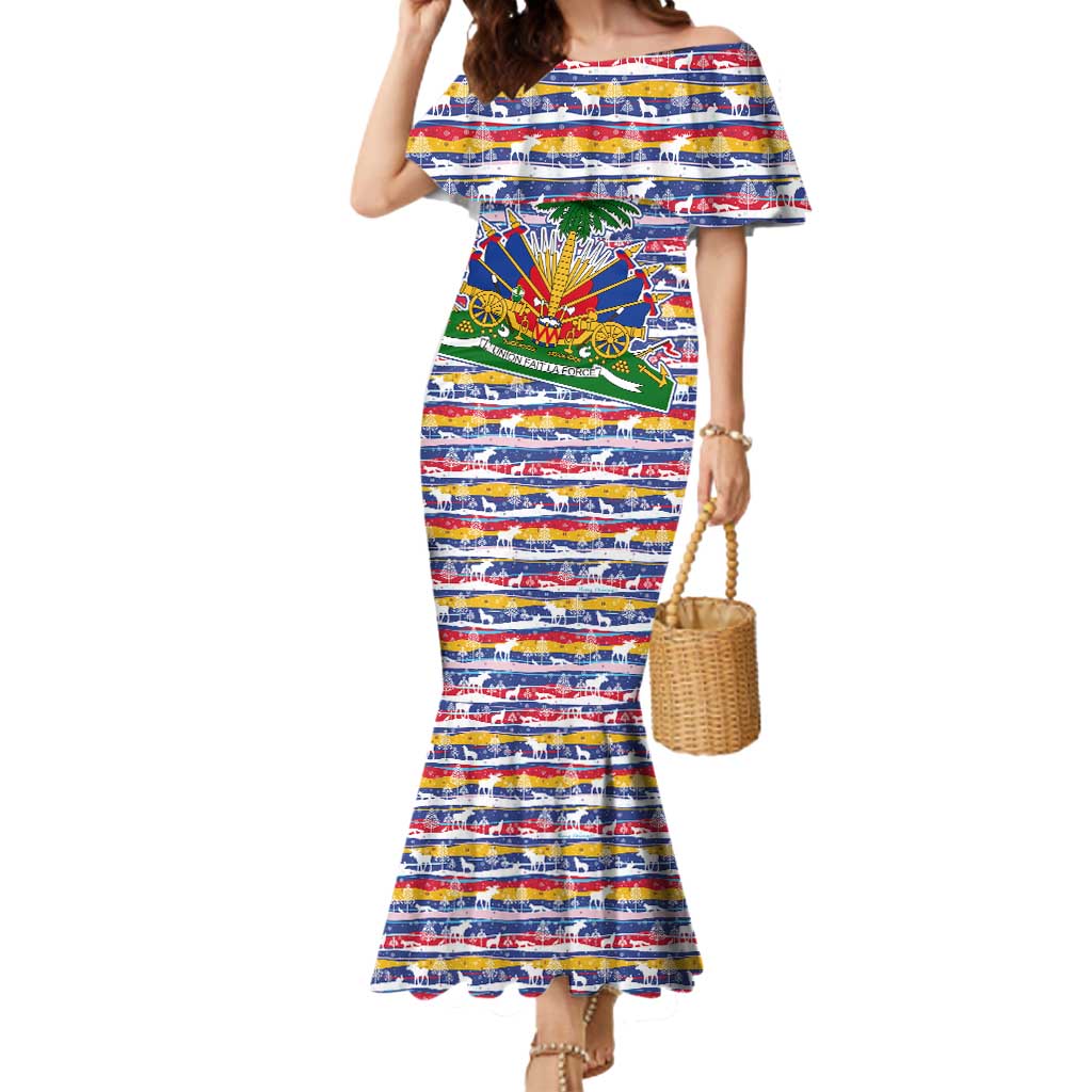 Haiti Christmas Mermaid Dress with Blue Red Yellow Xmas Santa Sleigh and Coat of Arms - Wonder Print Shop