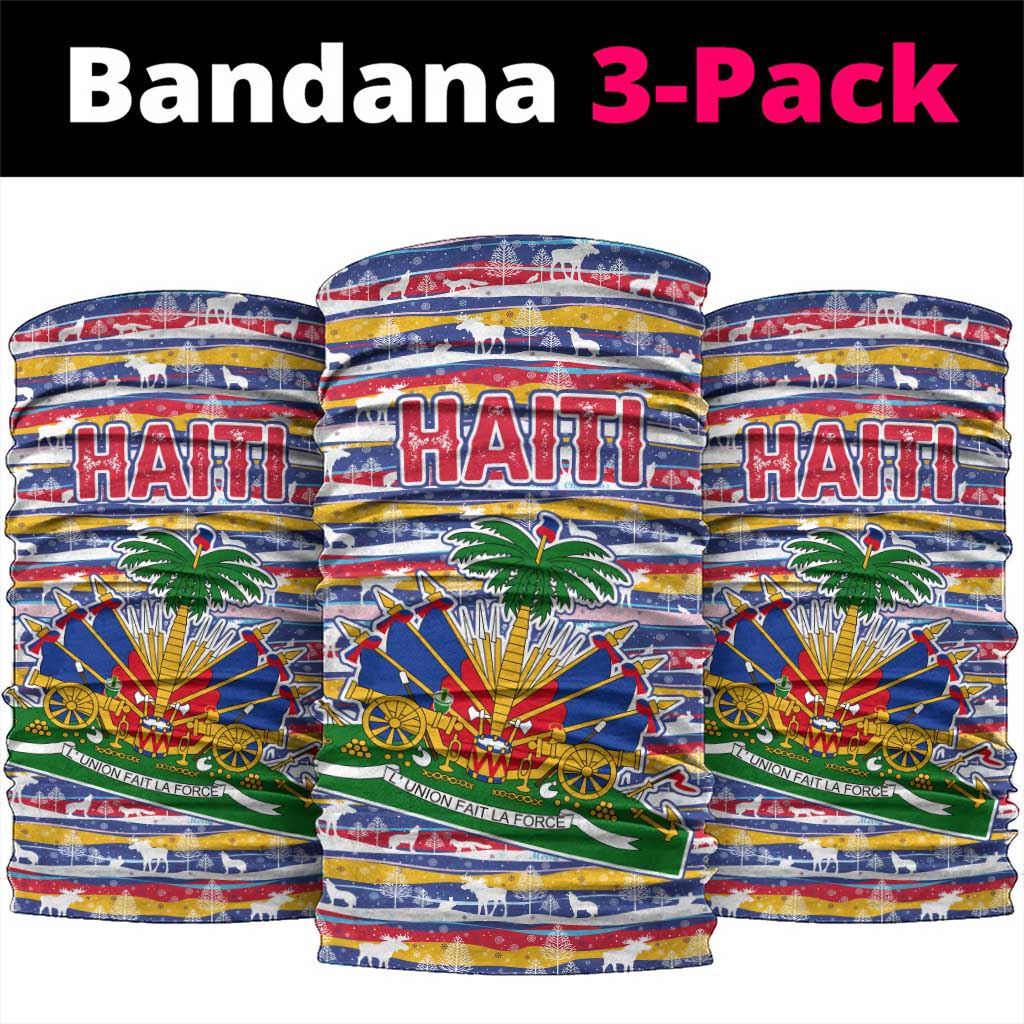 Haiti Christmas Neck Gaiter with Blue Red Yellow Xmas Santa Sleigh and Coat of Arms - Wonder Print Shop