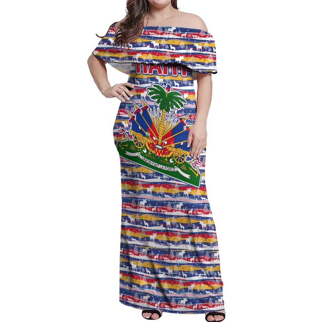 Haiti Christmas Off Shoulder Maxi Dress with Blue Red Yellow Xmas Santa Sleigh and Coat of Arms - Wonder Print Shop