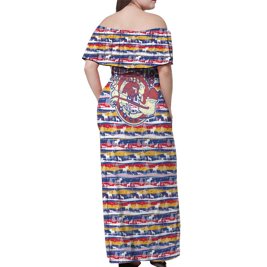Haiti Christmas Off Shoulder Maxi Dress with Blue Red Yellow Xmas Santa Sleigh and Coat of Arms - Wonder Print Shop