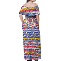 Haiti Christmas Off Shoulder Maxi Dress with Blue Red Yellow Xmas Santa Sleigh and Coat of Arms - Wonder Print Shop
