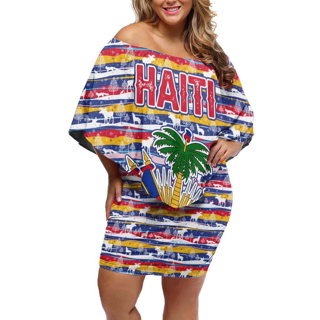Haiti Christmas Off Shoulder Short Dress with Blue Red Yellow Xmas Santa Sleigh and Coat of Arms - Wonder Print Shop