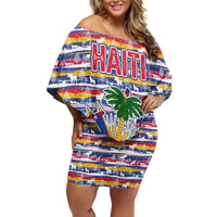 Haiti Christmas Off Shoulder Short Dress with Blue Red Yellow Xmas Santa Sleigh and Coat of Arms - Wonder Print Shop