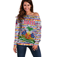 Haiti Christmas Off Shoulder Sweater with Blue Red Yellow Xmas Santa Sleigh and Coat of Arms - Wonder Print Shop