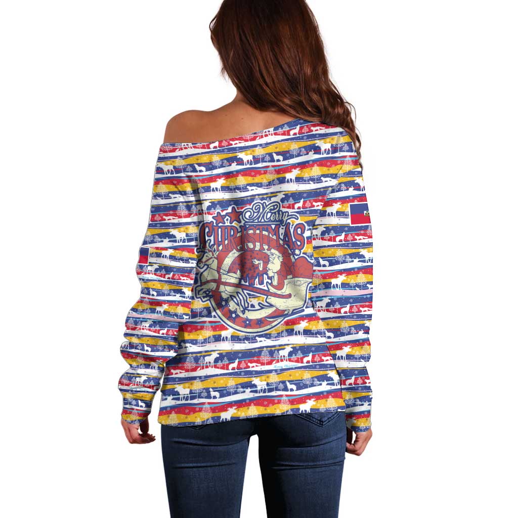 Haiti Christmas Off Shoulder Sweater with Blue Red Yellow Xmas Santa Sleigh and Coat of Arms - Wonder Print Shop