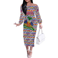 Haiti Christmas Off The Shoulder Long Sleeve Dress with Blue Red Yellow Xmas Santa Sleigh and Coat of Arms - Wonder Print Shop