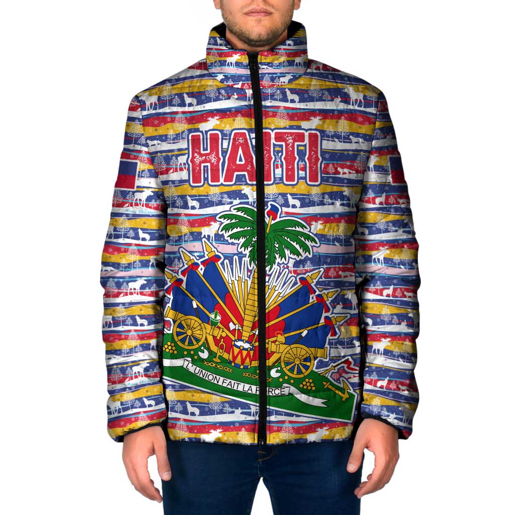 Haiti Christmas Padded Jacket with Blue Red Yellow Xmas Santa Sleigh and Coat of Arms - Wonder Print Shop
