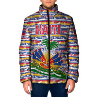 Haiti Christmas Padded Jacket with Blue Red Yellow Xmas Santa Sleigh and Coat of Arms - Wonder Print Shop