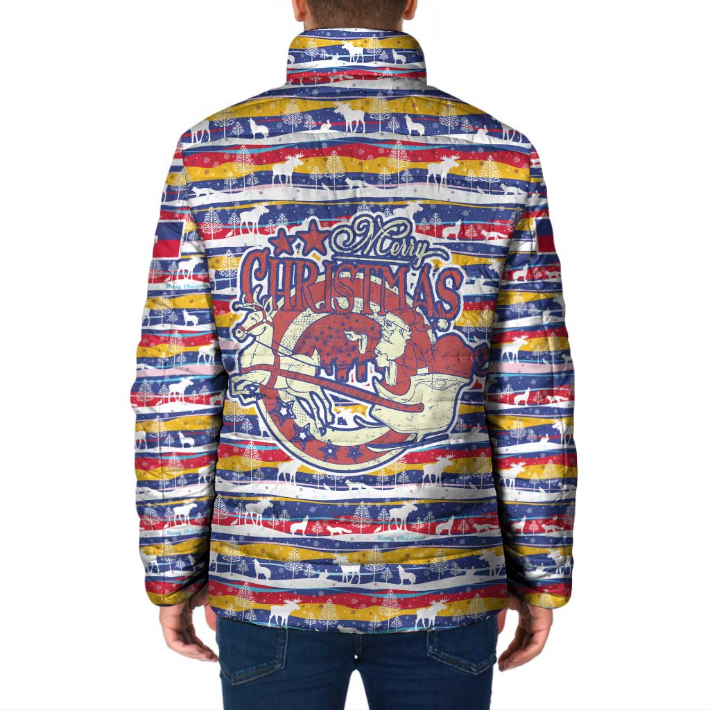 Haiti Christmas Padded Jacket with Blue Red Yellow Xmas Santa Sleigh and Coat of Arms - Wonder Print Shop