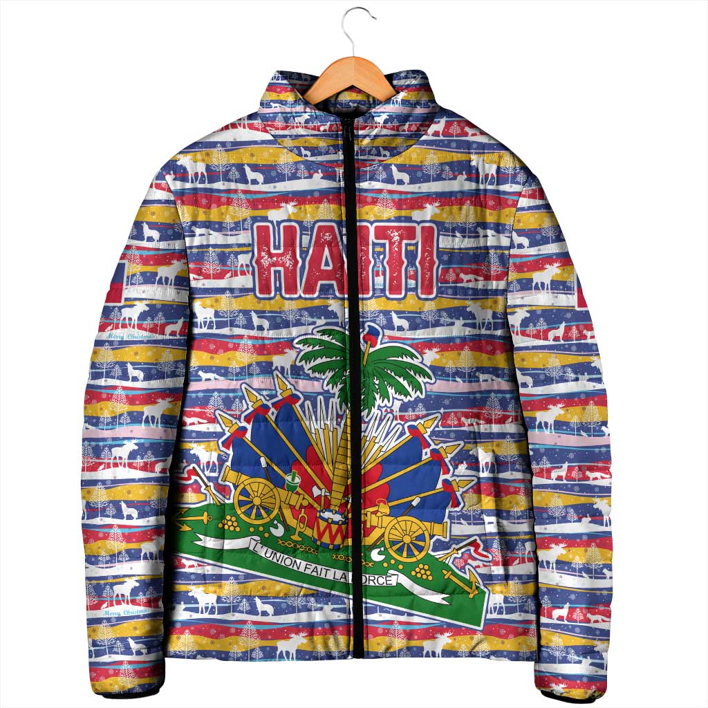 Haiti Christmas Padded Jacket with Blue Red Yellow Xmas Santa Sleigh and Coat of Arms - Wonder Print Shop