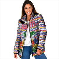 Haiti Christmas Padded Jacket with Blue Red Yellow Xmas Santa Sleigh and Coat of Arms - Wonder Print Shop