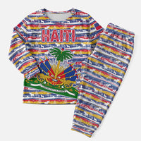 Haiti Christmas Pajama Set with Blue Red Yellow Xmas Santa Sleigh and Coat of Arms - Wonder Print Shop