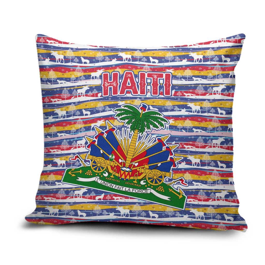 Haiti Christmas Pillow Cover with Blue Red Yellow Xmas Santa Sleigh and Coat of Arms - Wonder Print Shop