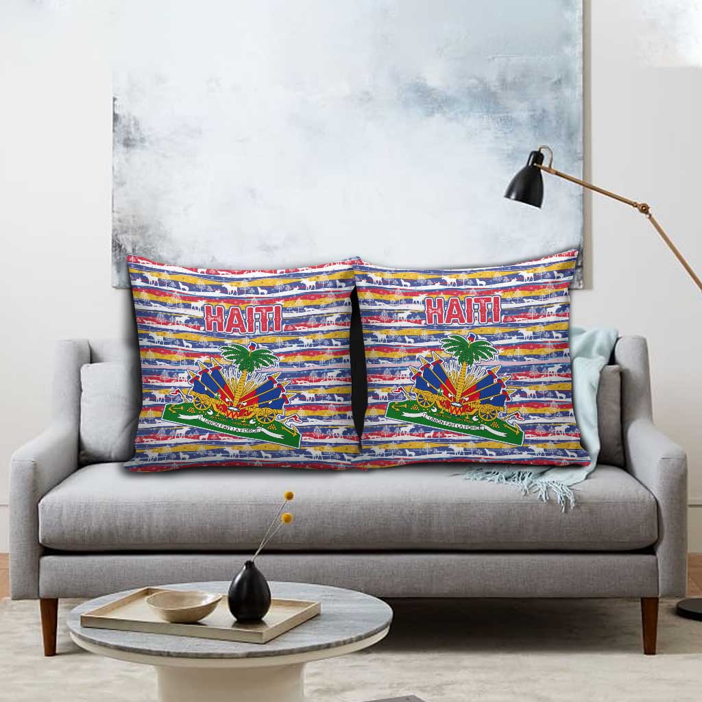 Haiti Christmas Pillow Cover with Blue Red Yellow Xmas Santa Sleigh and Coat of Arms - Wonder Print Shop