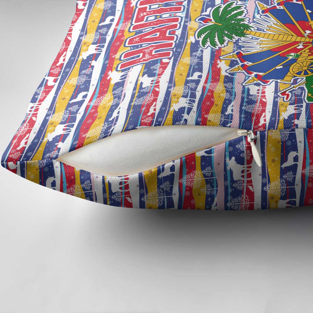 Haiti Christmas Pillow Cover with Blue Red Yellow Xmas Santa Sleigh and Coat of Arms - Wonder Print Shop