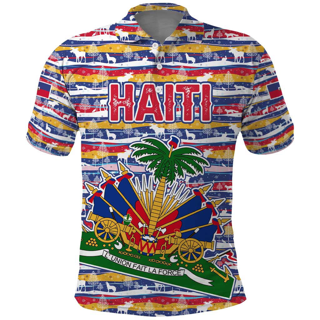 Haiti Christmas Polo Shirt with Blue Red Yellow Xmas Santa Sleigh and Coat of Arms - Wonder Print Shop