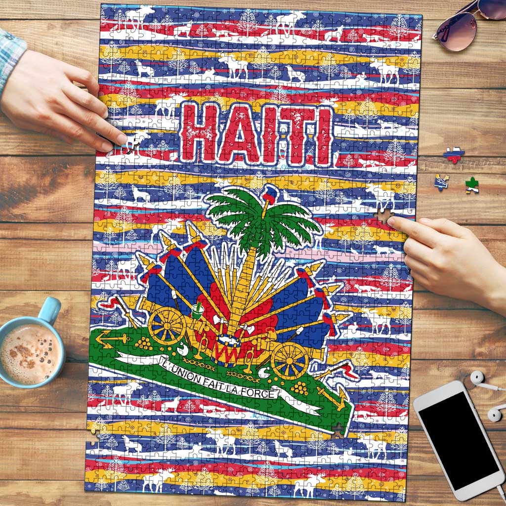 Haiti Christmas Puzzle with Blue Red Yellow Xmas Santa Sleigh and Coat of Arms - Wonder Print Shop