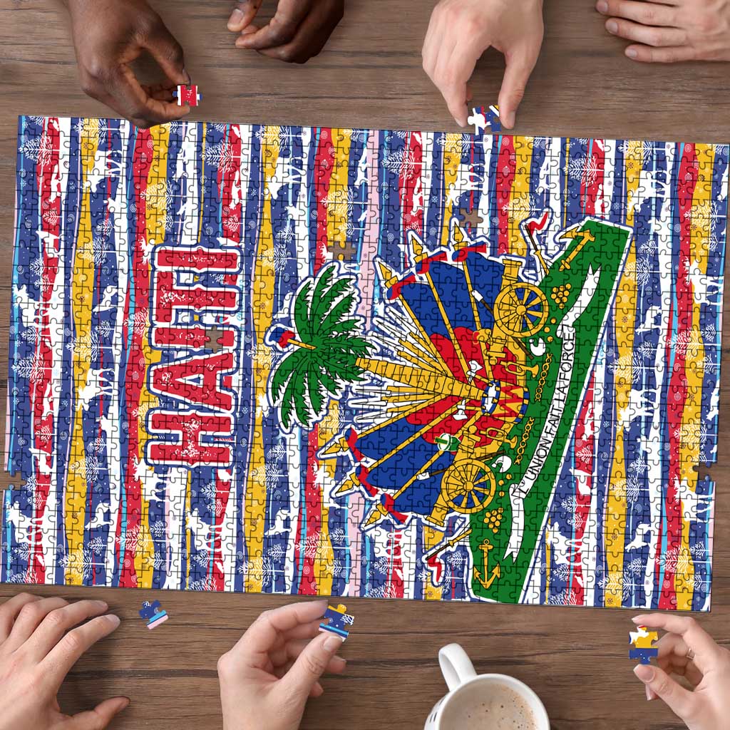 Haiti Christmas Puzzle with Blue Red Yellow Xmas Santa Sleigh and Coat of Arms - Wonder Print Shop