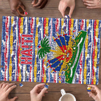 Haiti Christmas Puzzle with Blue Red Yellow Xmas Santa Sleigh and Coat of Arms - Wonder Print Shop
