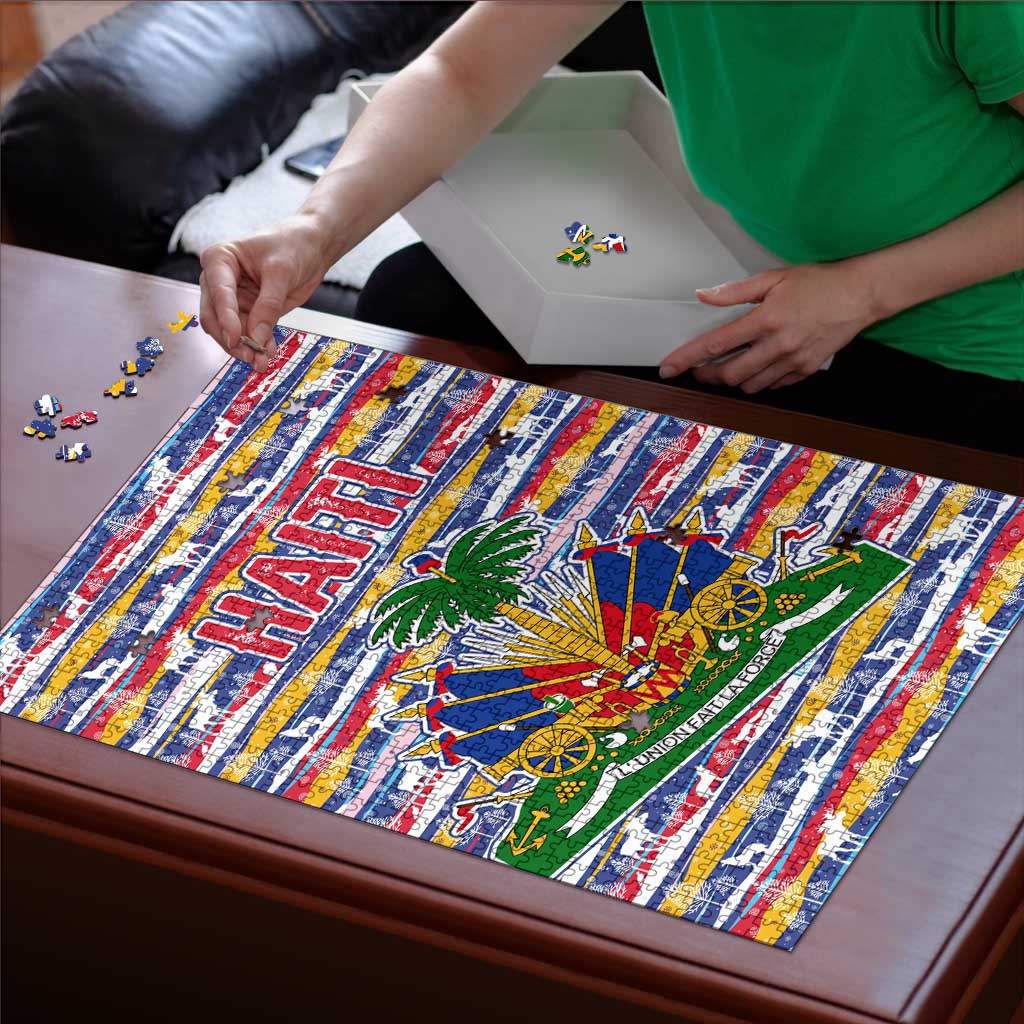 Haiti Christmas Puzzle with Blue Red Yellow Xmas Santa Sleigh and Coat of Arms - Wonder Print Shop