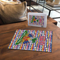 Haiti Christmas Puzzle with Blue Red Yellow Xmas Santa Sleigh and Coat of Arms - Wonder Print Shop