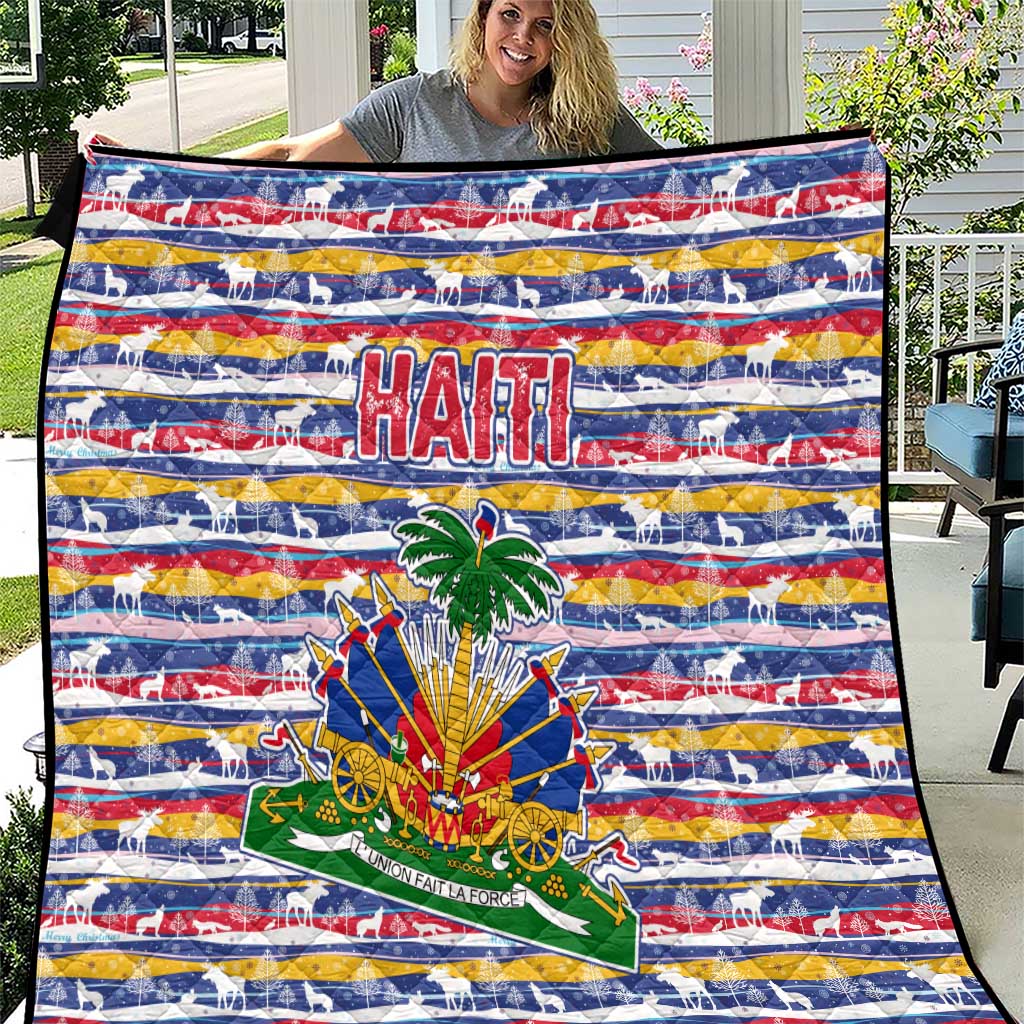 Haiti Christmas Quilt with Blue Red Yellow Xmas Santa Sleigh and Coat of Arms - Wonder Print Shop