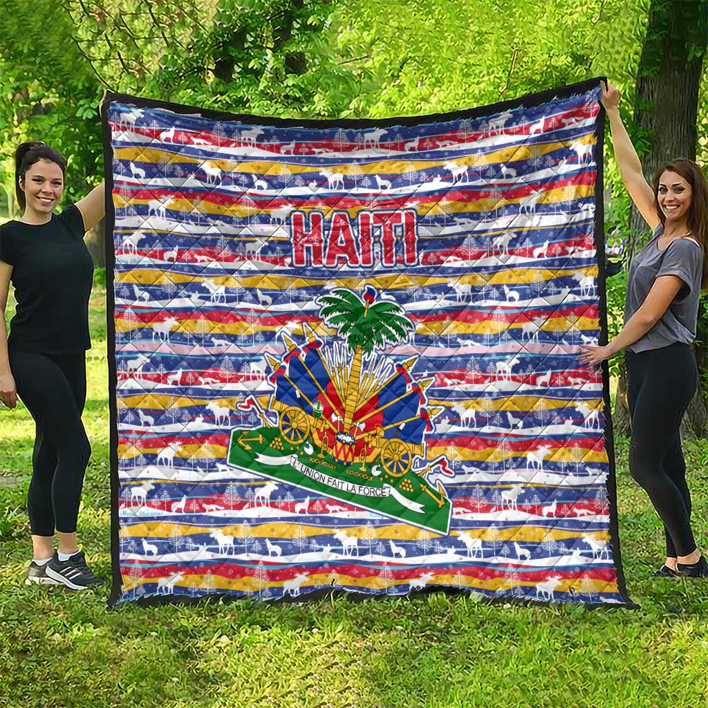 Haiti Christmas Quilt with Blue Red Yellow Xmas Santa Sleigh and Coat of Arms - Wonder Print Shop
