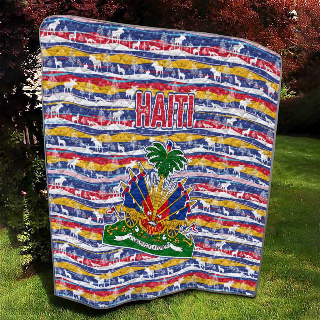 Haiti Christmas Quilt with Blue Red Yellow Xmas Santa Sleigh and Coat of Arms - Wonder Print Shop