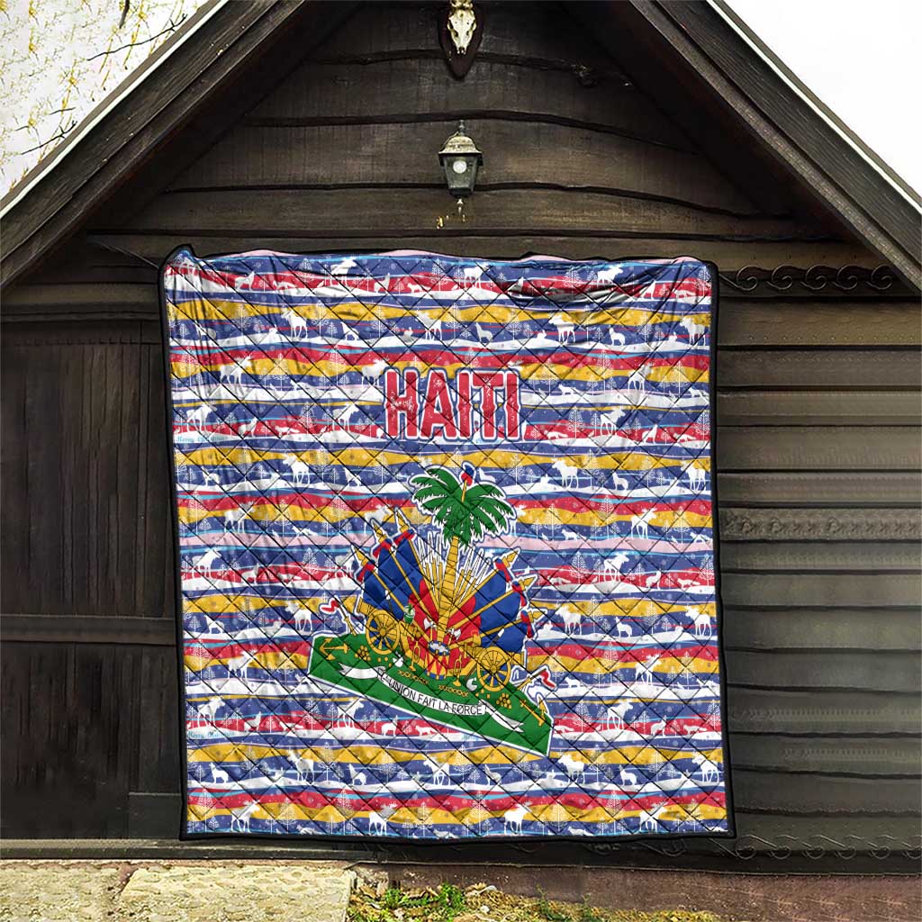 Haiti Christmas Quilt with Blue Red Yellow Xmas Santa Sleigh and Coat of Arms - Wonder Print Shop