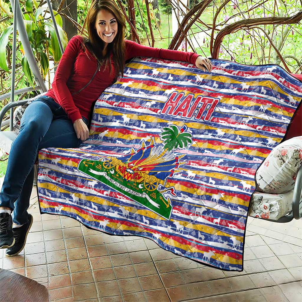 Haiti Christmas Quilt with Blue Red Yellow Xmas Santa Sleigh and Coat of Arms - Wonder Print Shop