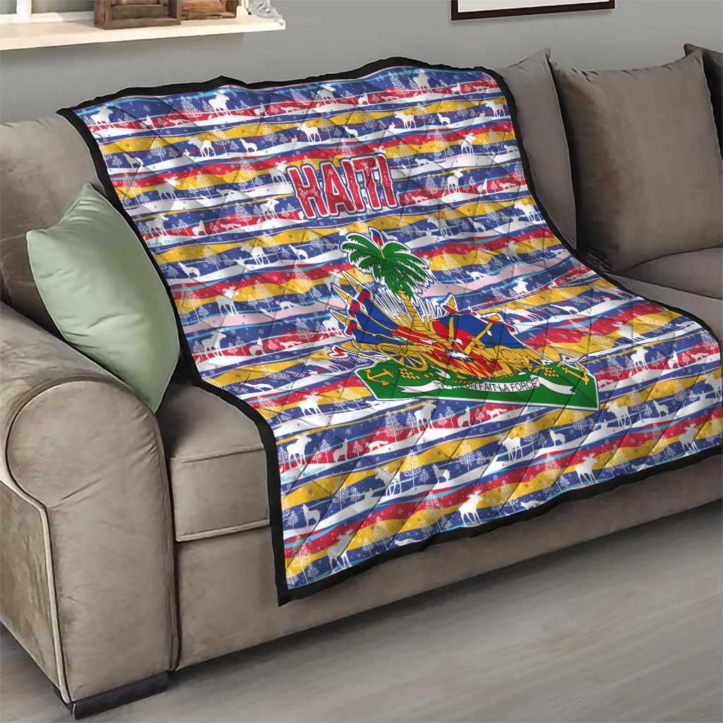 Haiti Christmas Quilt with Blue Red Yellow Xmas Santa Sleigh and Coat of Arms - Wonder Print Shop