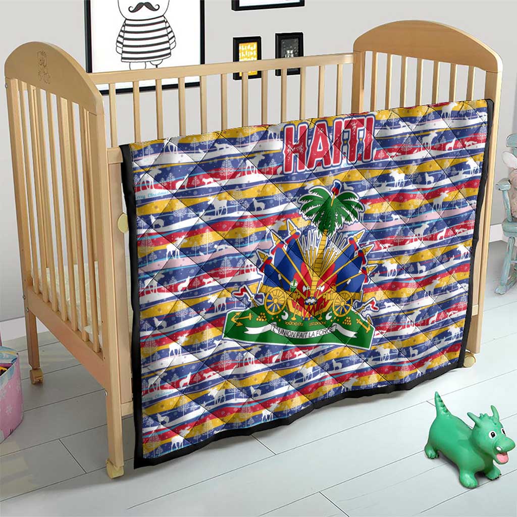 Haiti Christmas Quilt with Blue Red Yellow Xmas Santa Sleigh and Coat of Arms - Wonder Print Shop