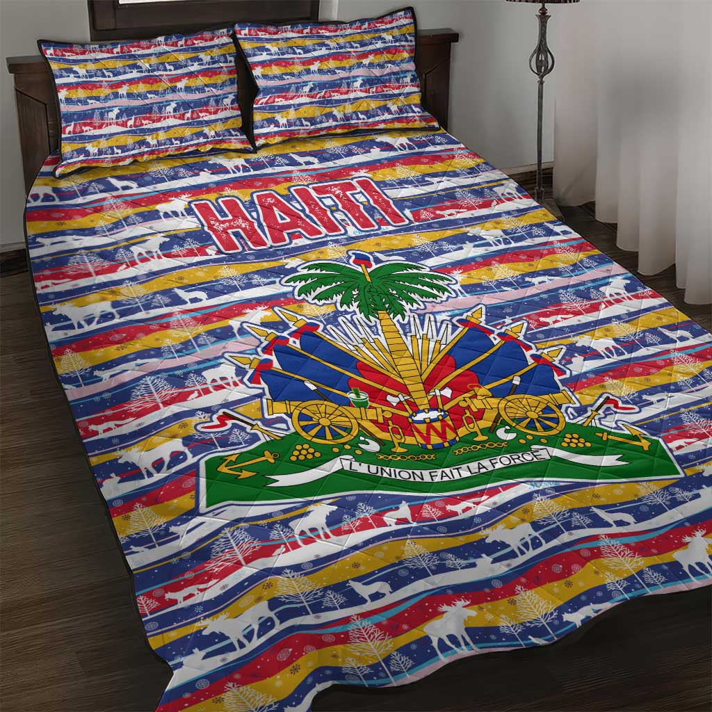 Haiti Christmas Quilt Bed Set with Blue Red Yellow Xmas Santa Sleigh and Coat of Arms - Wonder Print Shop