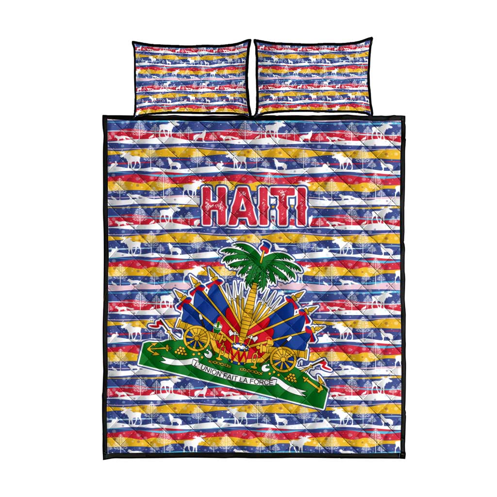 Haiti Christmas Quilt Bed Set with Blue Red Yellow Xmas Santa Sleigh and Coat of Arms - Wonder Print Shop