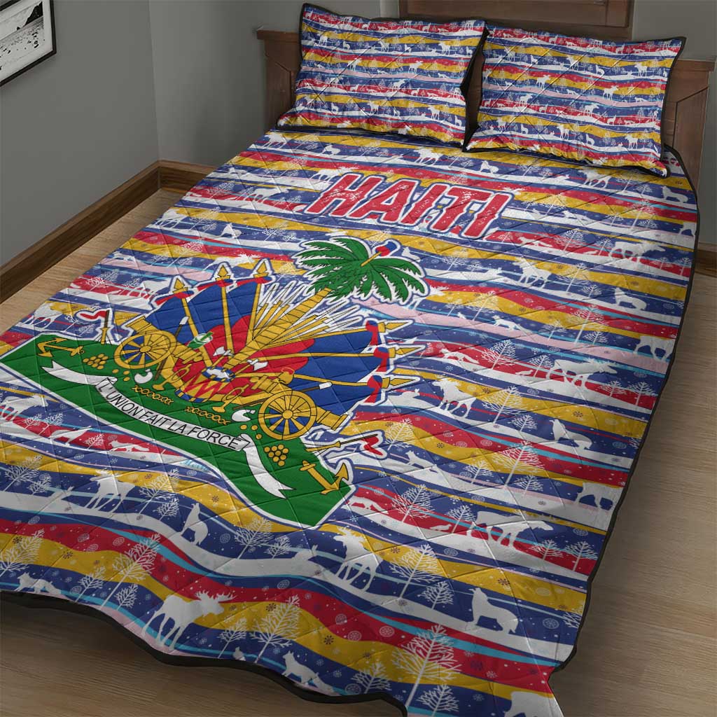 Haiti Christmas Quilt Bed Set with Blue Red Yellow Xmas Santa Sleigh and Coat of Arms - Wonder Print Shop