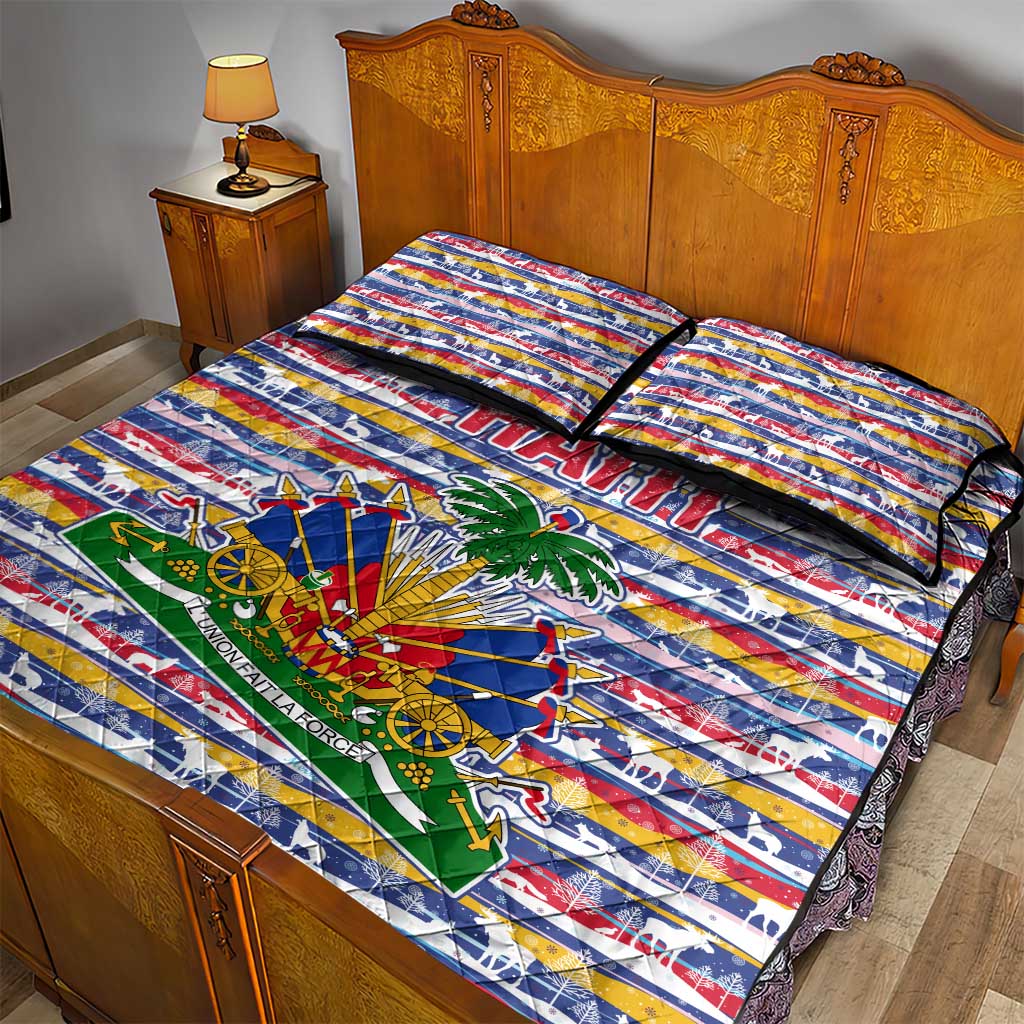 Haiti Christmas Quilt Bed Set with Blue Red Yellow Xmas Santa Sleigh and Coat of Arms - Wonder Print Shop