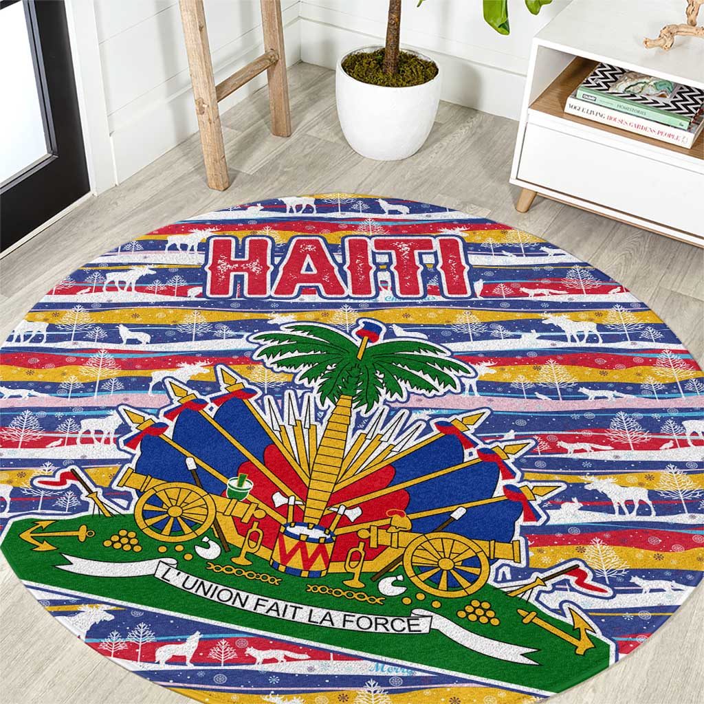 Haiti Christmas Round Carpet with Blue Red Yellow Xmas Santa Sleigh and Coat of Arms - Wonder Print Shop