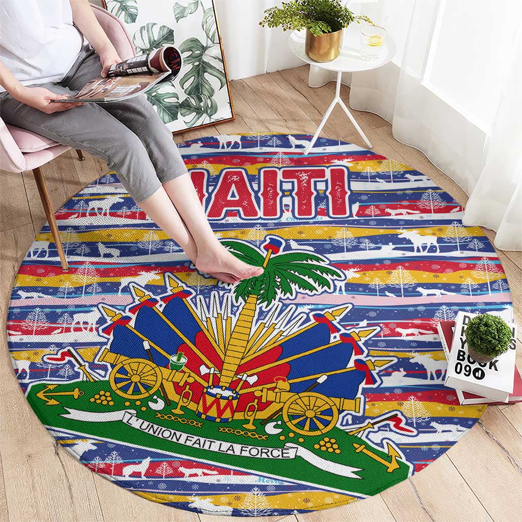 Haiti Christmas Round Carpet with Blue Red Yellow Xmas Santa Sleigh and Coat of Arms - Wonder Print Shop