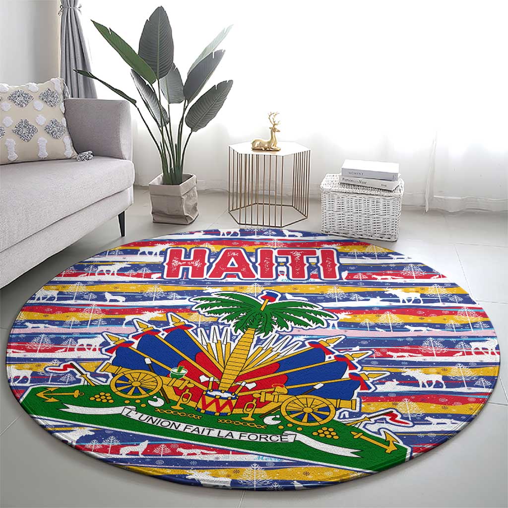 Haiti Christmas Round Carpet with Blue Red Yellow Xmas Santa Sleigh and Coat of Arms - Wonder Print Shop