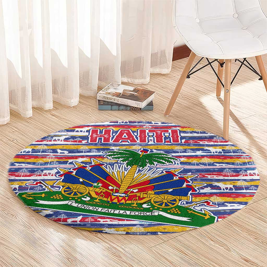 Haiti Christmas Round Carpet with Blue Red Yellow Xmas Santa Sleigh and Coat of Arms - Wonder Print Shop