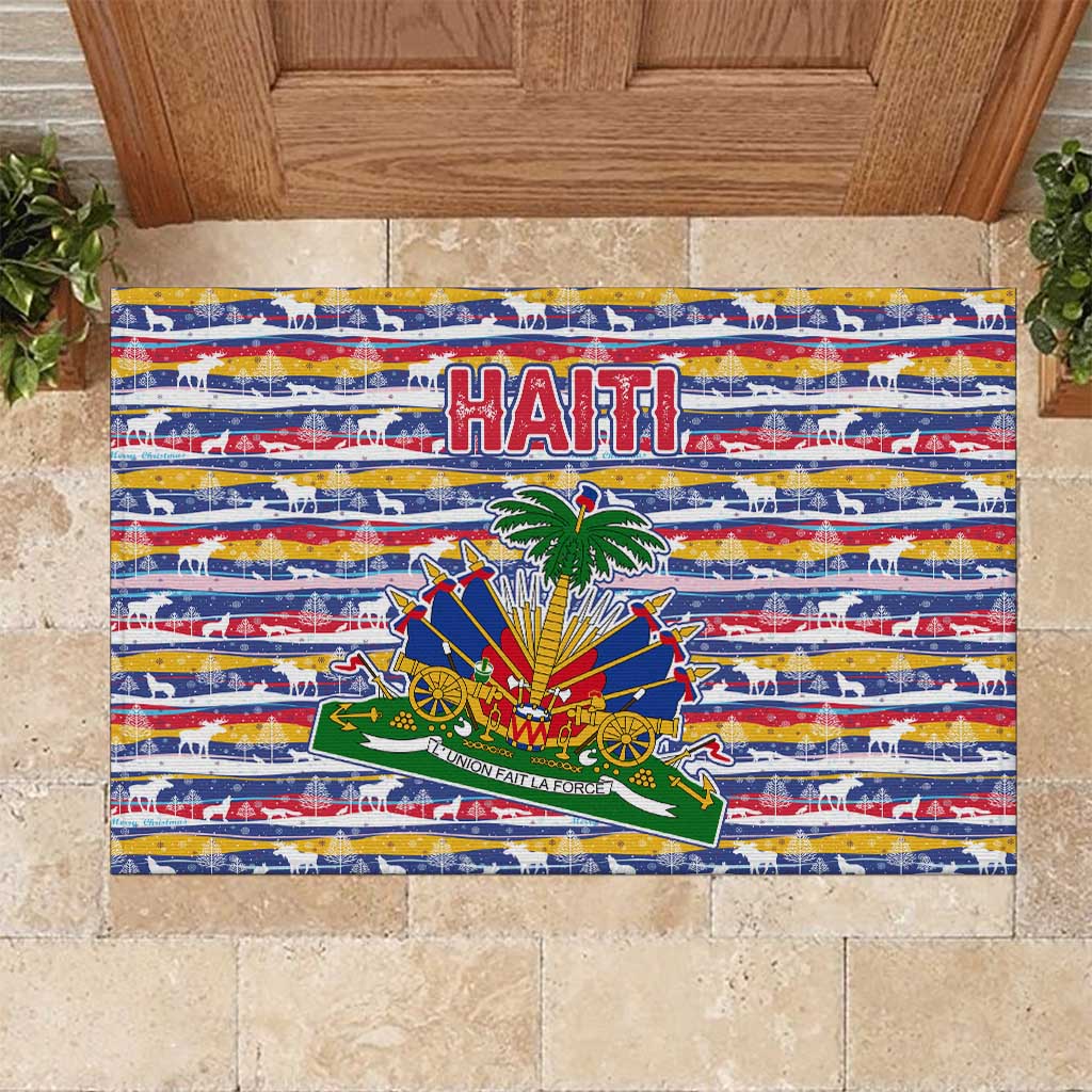 Haiti Christmas Rubber Doormat with Blue Red Yellow Xmas Santa Sleigh and Coat of Arms - Wonder Print Shop