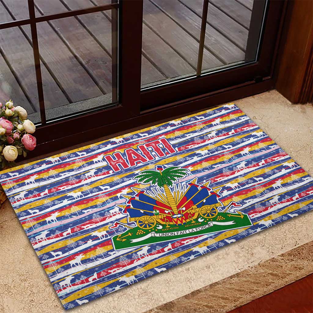 Haiti Christmas Rubber Doormat with Blue Red Yellow Xmas Santa Sleigh and Coat of Arms - Wonder Print Shop