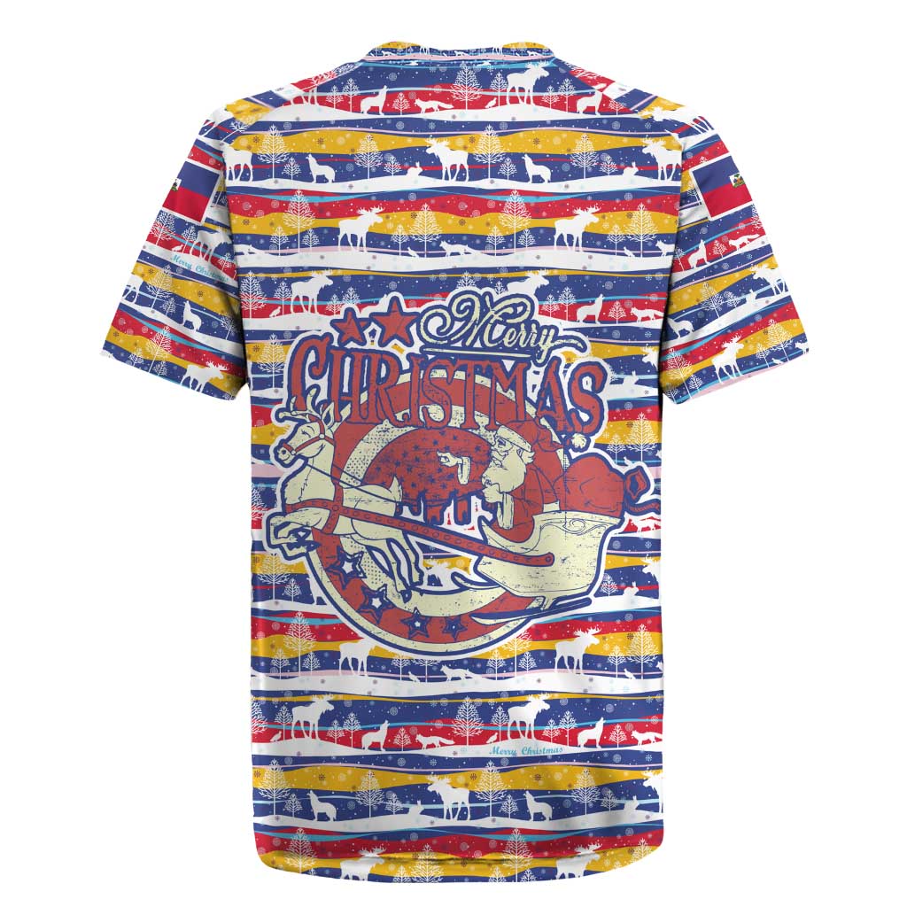 Haiti Christmas Rugby Jersey with Blue Red Yellow Xmas Santa Sleigh and Coat of Arms - Wonder Print Shop