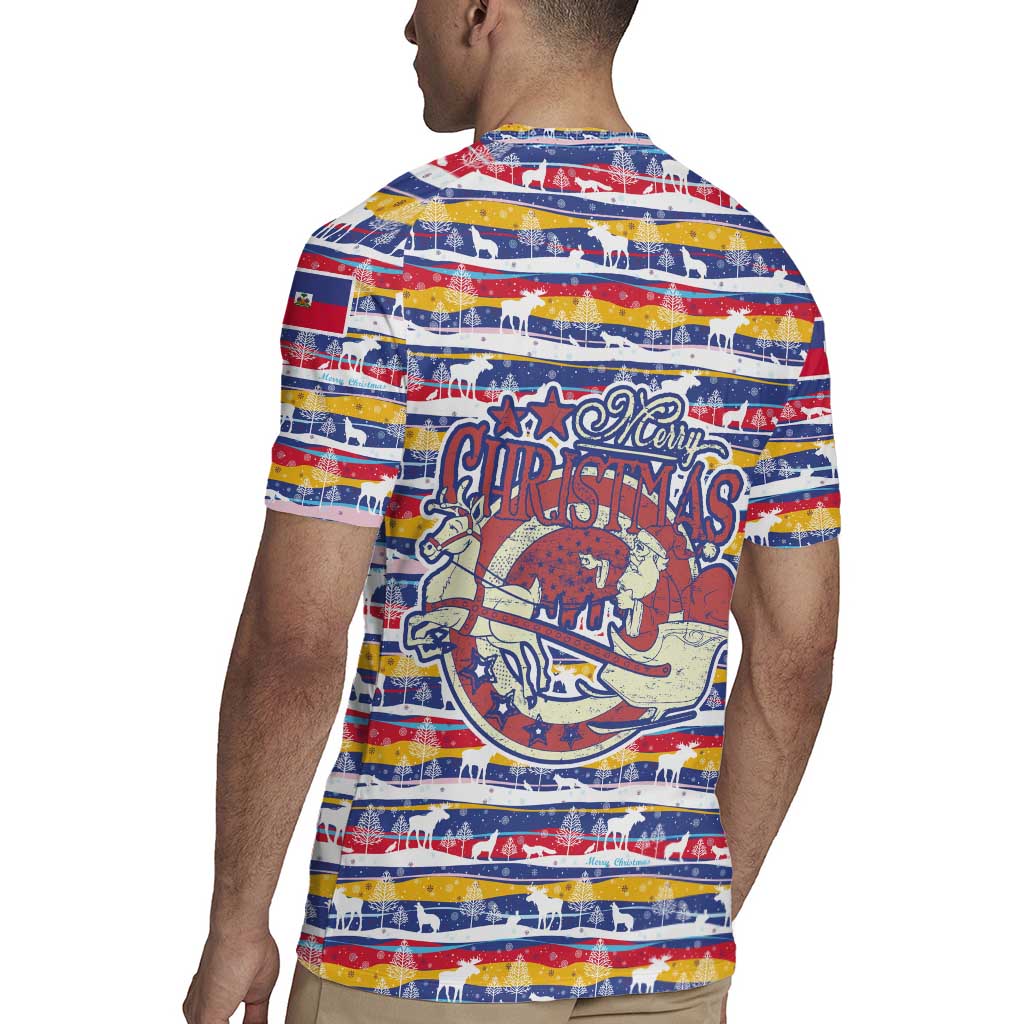 Haiti Christmas Rugby Jersey with Blue Red Yellow Xmas Santa Sleigh and Coat of Arms - Wonder Print Shop