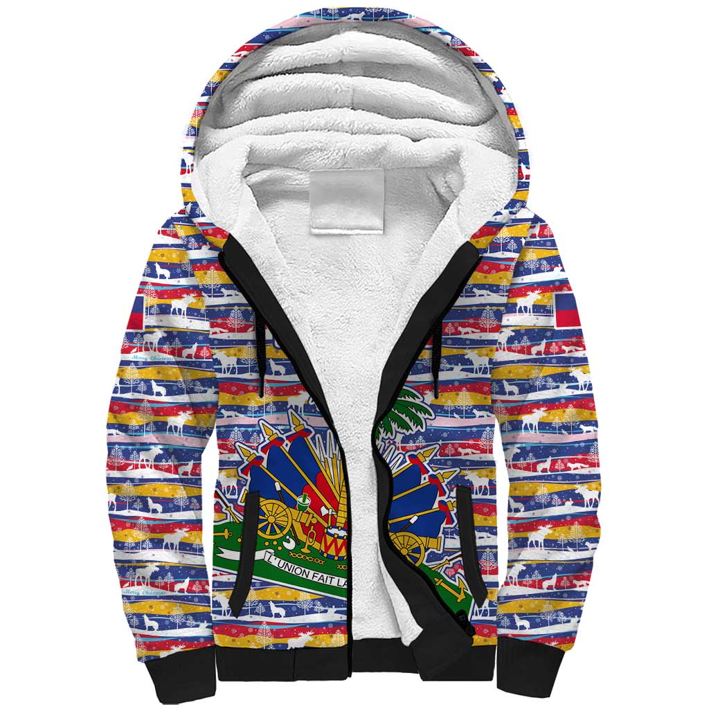 Haiti Christmas Sherpa Hoodie with Blue Red Yellow Xmas Santa Sleigh and Coat of Arms - Wonder Print Shop