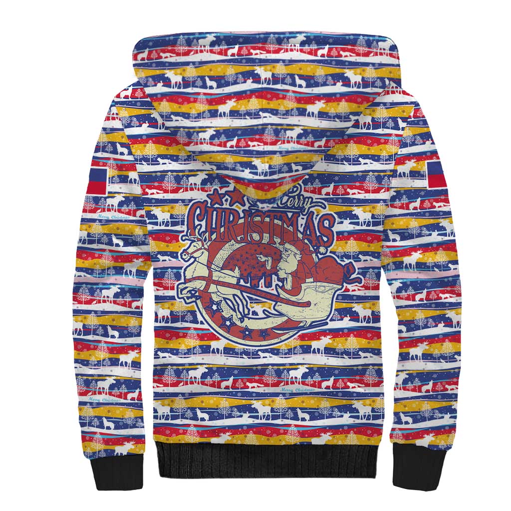Haiti Christmas Sherpa Hoodie with Blue Red Yellow Xmas Santa Sleigh and Coat of Arms - Wonder Print Shop