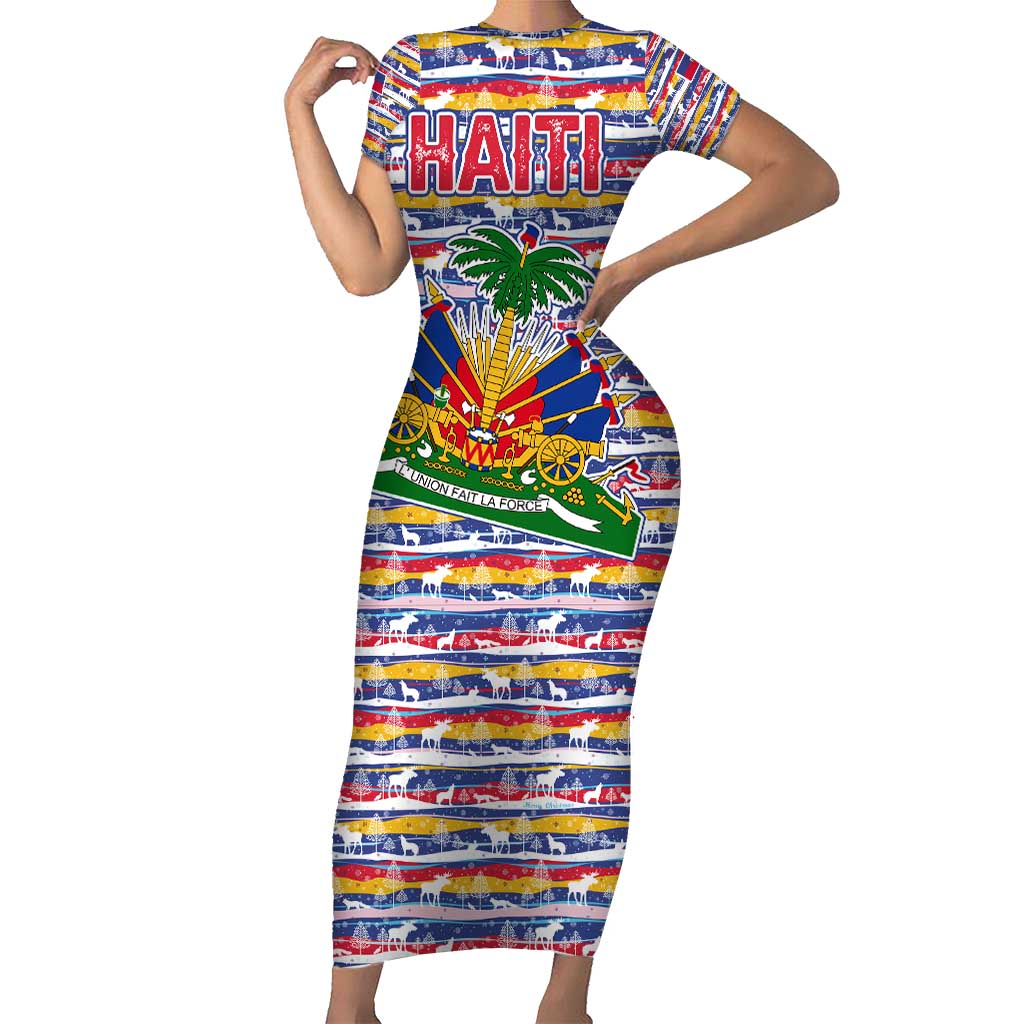 Haiti Christmas Short Sleeve Bodycon Dress with Blue Red Yellow Xmas Santa Sleigh and Coat of Arms - Wonder Print Shop