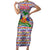 Haiti Christmas Short Sleeve Bodycon Dress with Blue Red Yellow Xmas Santa Sleigh and Coat of Arms - Wonder Print Shop